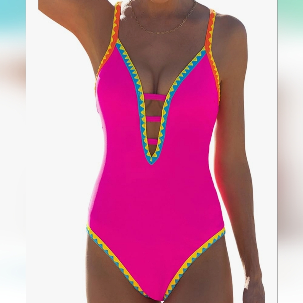 One Piece Swimsuit Tummy Control Deep V Neck Neon Cute colors summer XL